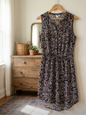 GAP Black Sleeveless Floral Midi Dress with Pink Accents